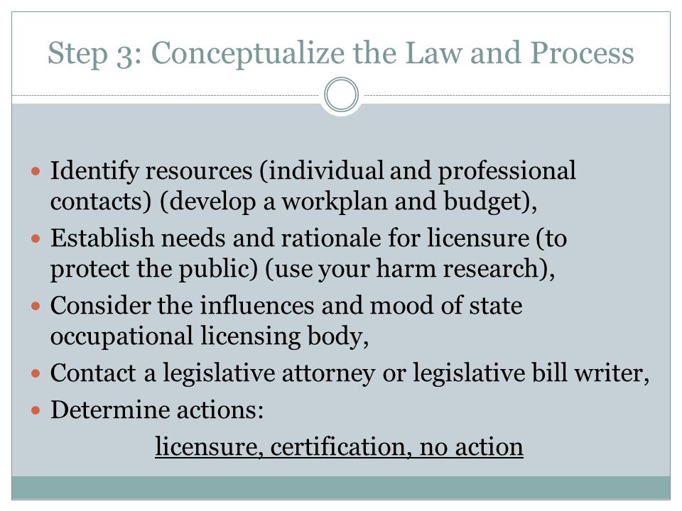 Step 3: Conceptualize the Law and Process Identify resources (individual and professional contacts) (develop a workplan and budget), Establish needs and rationale for licensure (to protect the public) (use your harm research), Consider the influences and mood of state occupational licensing body, Contact a legislative attorney or legislative bill writer, Determine actions: licensure, certification, no action