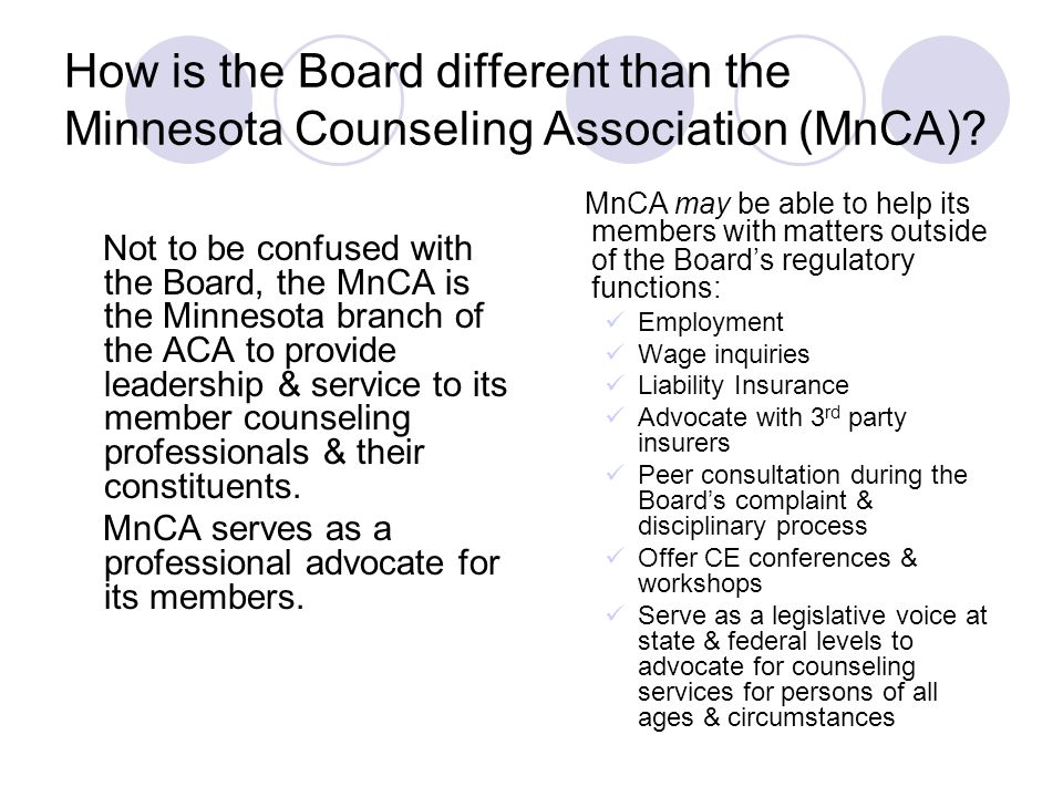 How is the Board different than the Minnesota Counseling Association (MnCA).