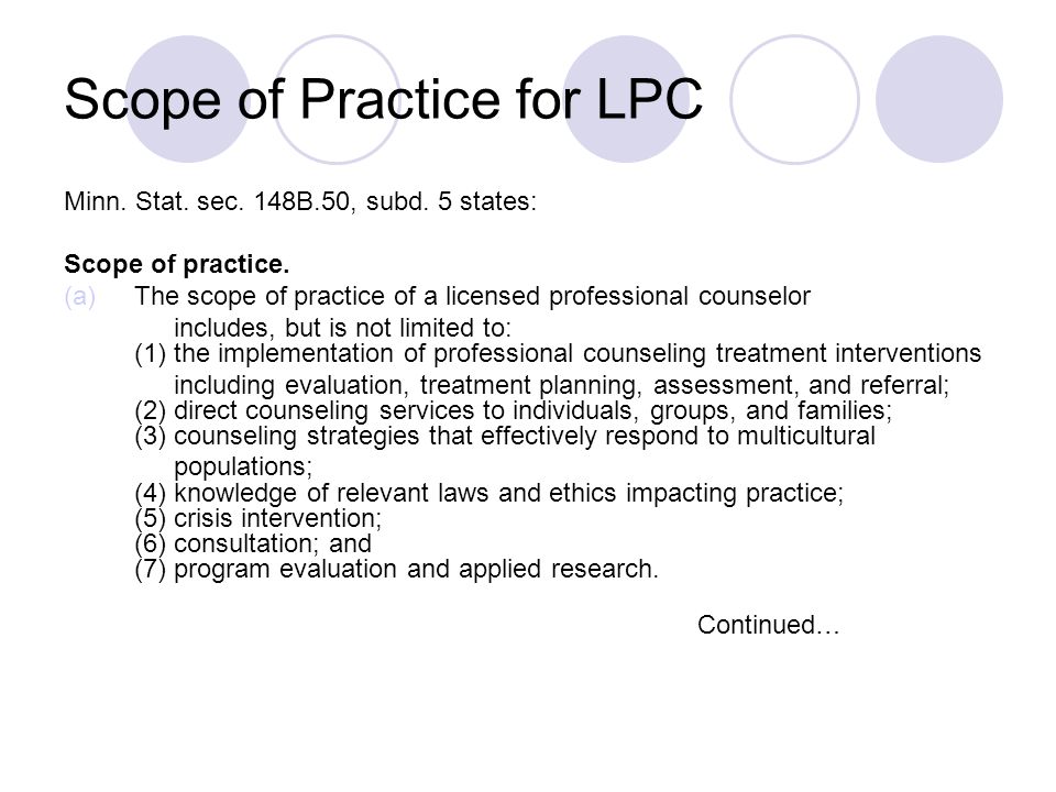 Scope of Practice for LPC Minn. Stat. sec. 148B.50, subd.