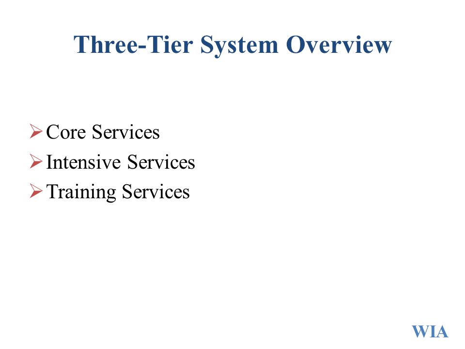 Three-Tier System Overview  Core Services  Intensive Services  Training Services WIA