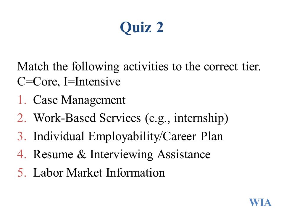 Quiz 2 Match the following activities to the correct tier.