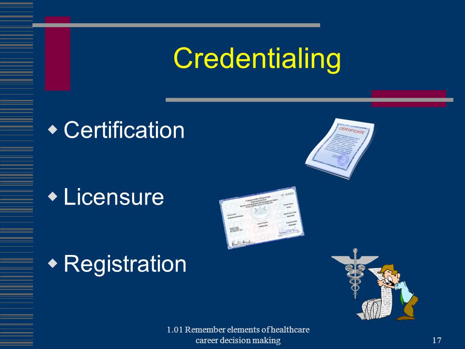 Credentialing  Certification  Licensure  Registration 1.01 Remember elements of healthcare career decision making17