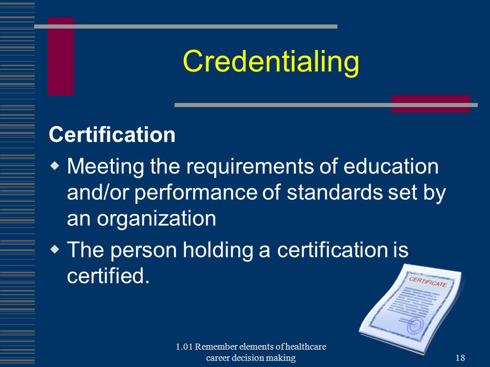 Credentialing Certification  Meeting the requirements of education and/or performance of standards set by an organization  The person holding a certification is certified.