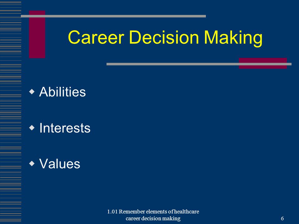 Career Decision Making  Abilities  Interests  Values 1.01 Remember elements of healthcare career decision making6