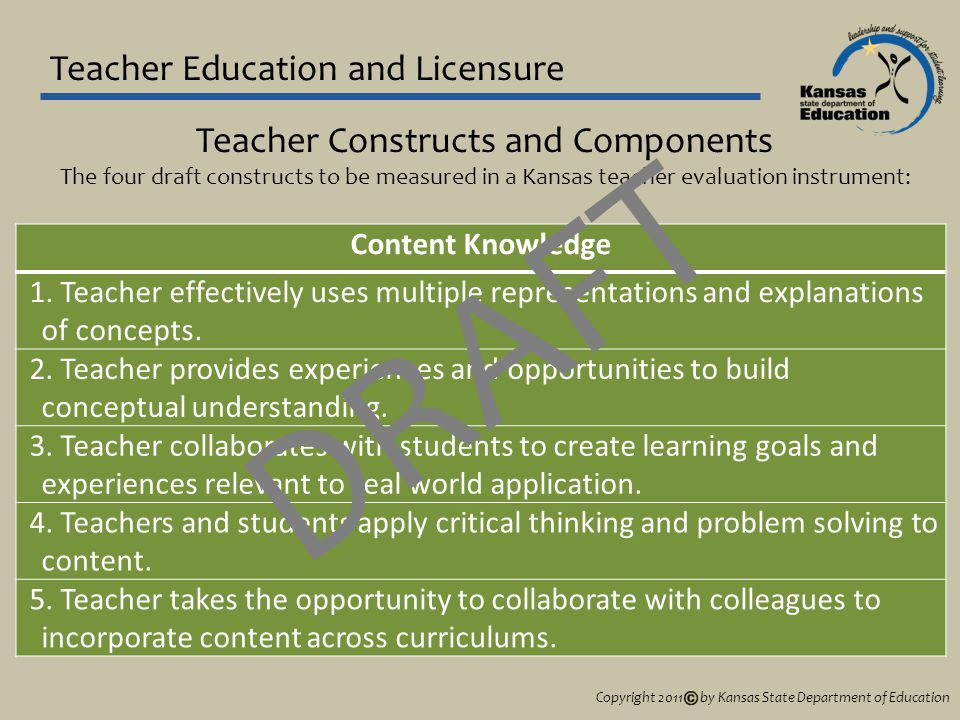Teacher Education and Licensure Teacher Constructs and Components The four draft constructs to be measured in a Kansas teacher evaluation instrument: Content Knowledge 1.