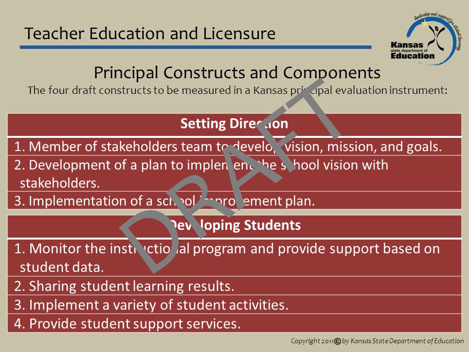 Teacher Education and Licensure Principal Constructs and Components The four draft constructs to be measured in a Kansas principal evaluation instrument: Setting Direction 1.