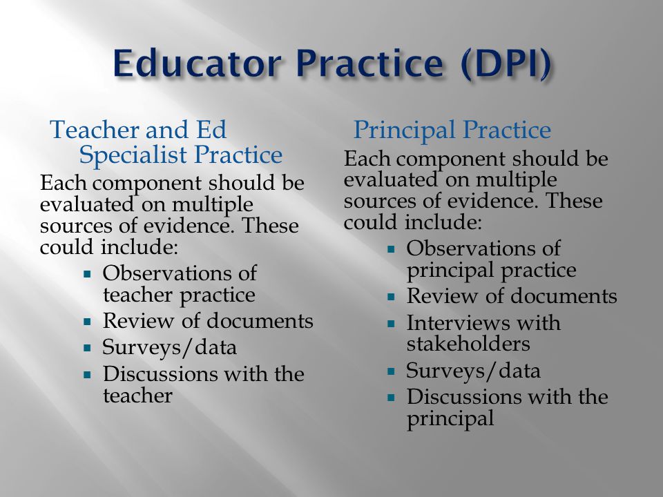Teacher and Ed Specialist Practice Each component should be evaluated on multiple sources of evidence.