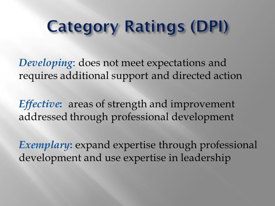 Developing : does not meet expectations and requires additional support and directed action Effective : areas of strength and improvement addressed through professional development Exemplary : expand expertise through professional development and use expertise in leadership