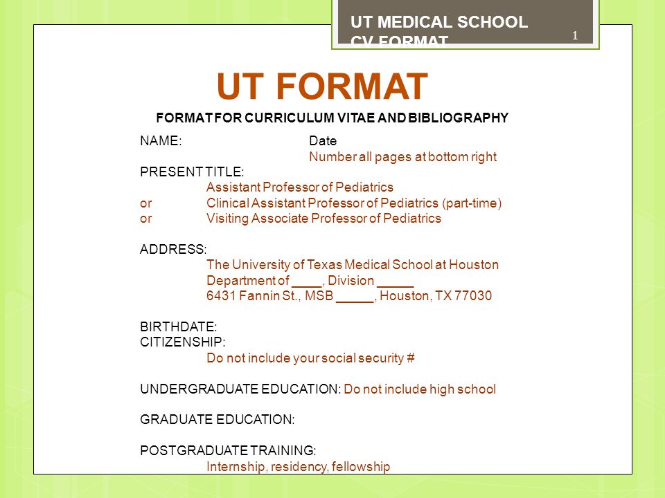 Ut Format Ut Medical School Cv Format Format For Curriculum Vitae
