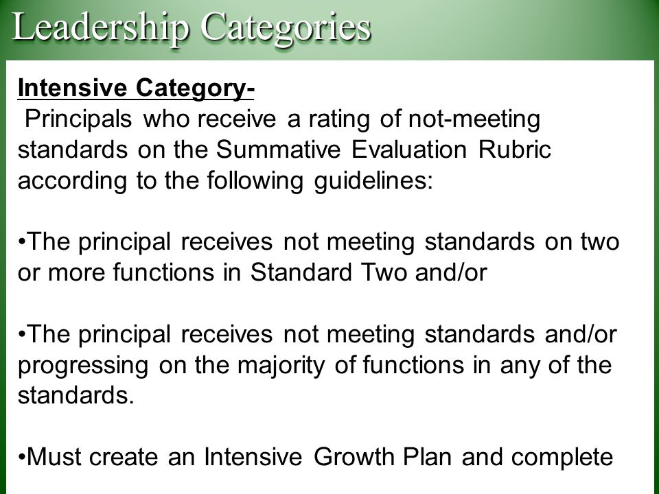 Intensive Category- Principals who receive a rating of not-meeting standards on the Summative Evaluation Rubric according to the following guidelines: The principal receives not meeting standards on two or more functions in Standard Two and/or The principal receives not meeting standards and/or progressing on the majority of functions in any of the standards.