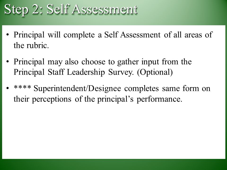 Principal will complete a Self Assessment of all areas of the rubric.