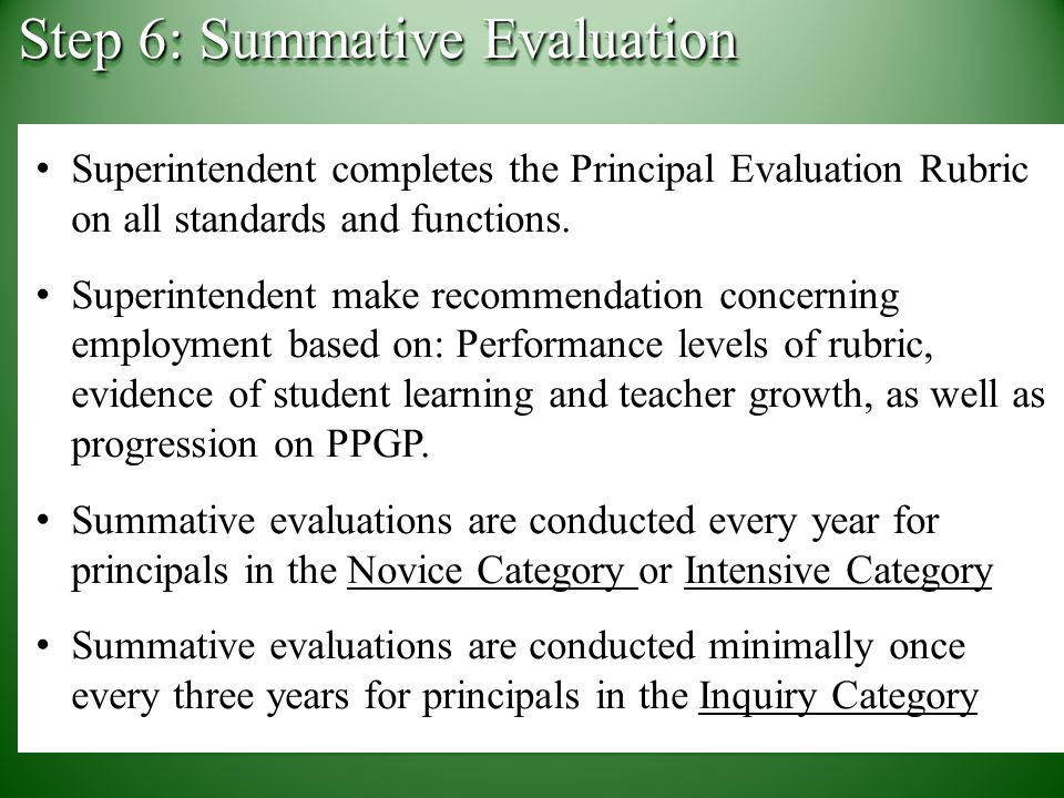 Superintendent completes the Principal Evaluation Rubric on all standards and functions.