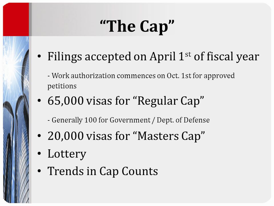 The Cap Filings accepted on April 1 st of fiscal year - Work authorization commences on Oct.
