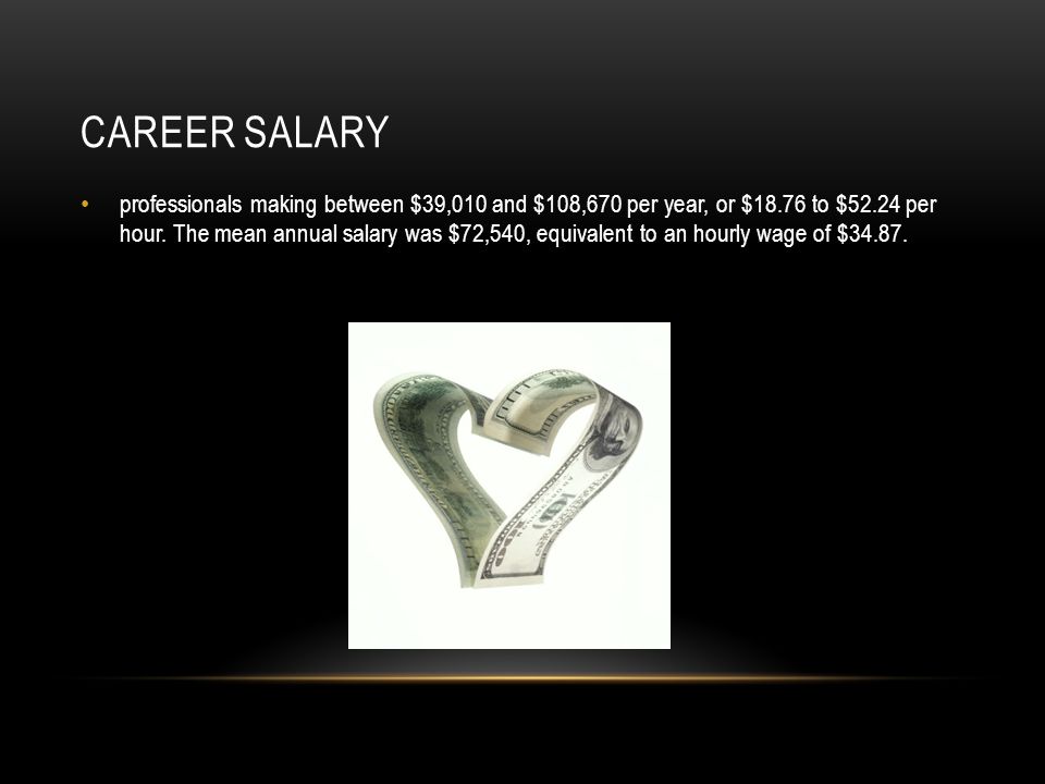 CAREER SALARY professionals making between $39,010 and $108,670 per year, or $18.76 to $52.24 per hour.