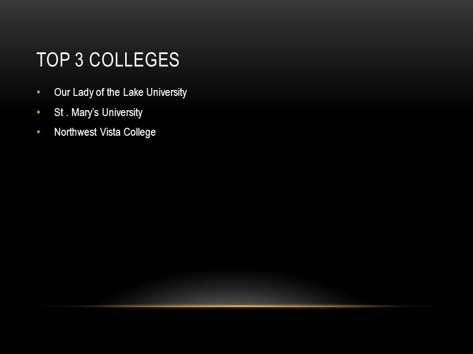 TOP 3 COLLEGES Our Lady of the Lake University St. Mary’s University Northwest Vista College