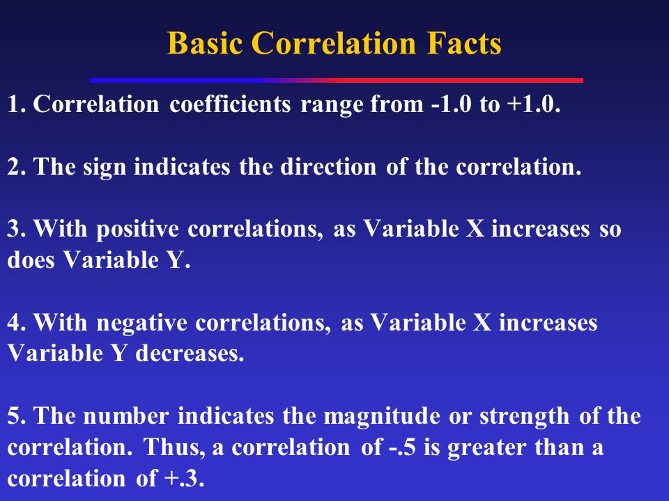 Basic Correlation Facts 1. Correlation coefficients range from -1.0 to