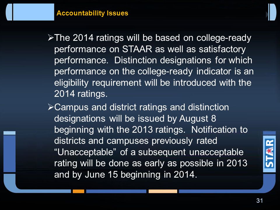 Accountability Issues  Phase-in of the new accountability system will begin with the 2013 and 2014 accountability ratings.