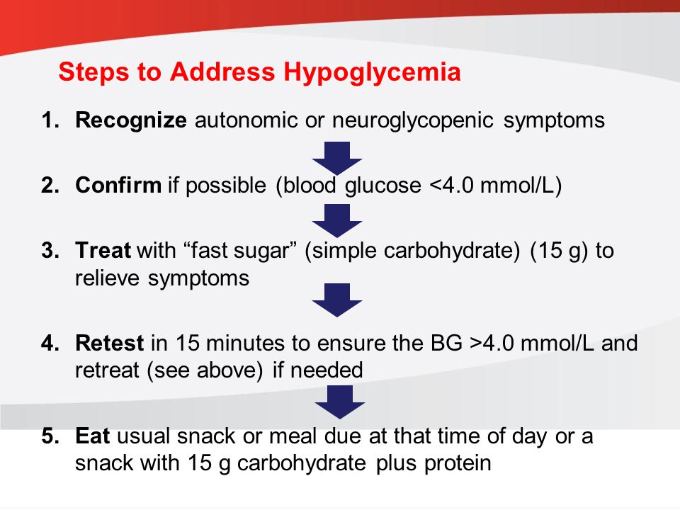 guidelines.diabetes.ca | BANTING ( ) | diabetes.ca Copyright © 2013 Canadian Diabetes Association Steps to Address Hypoglycemia 1.Recognize autonomic or neuroglycopenic symptoms 2.Confirm if possible (blood glucose <4.0 mmol/L) 3.Treat with fast sugar (simple carbohydrate) (15 g) to relieve symptoms 4.Retest in 15 minutes to ensure the BG >4.0 mmol/L and retreat (see above) if needed 5.Eat usual snack or meal due at that time of day or a snack with 15 g carbohydrate plus protein