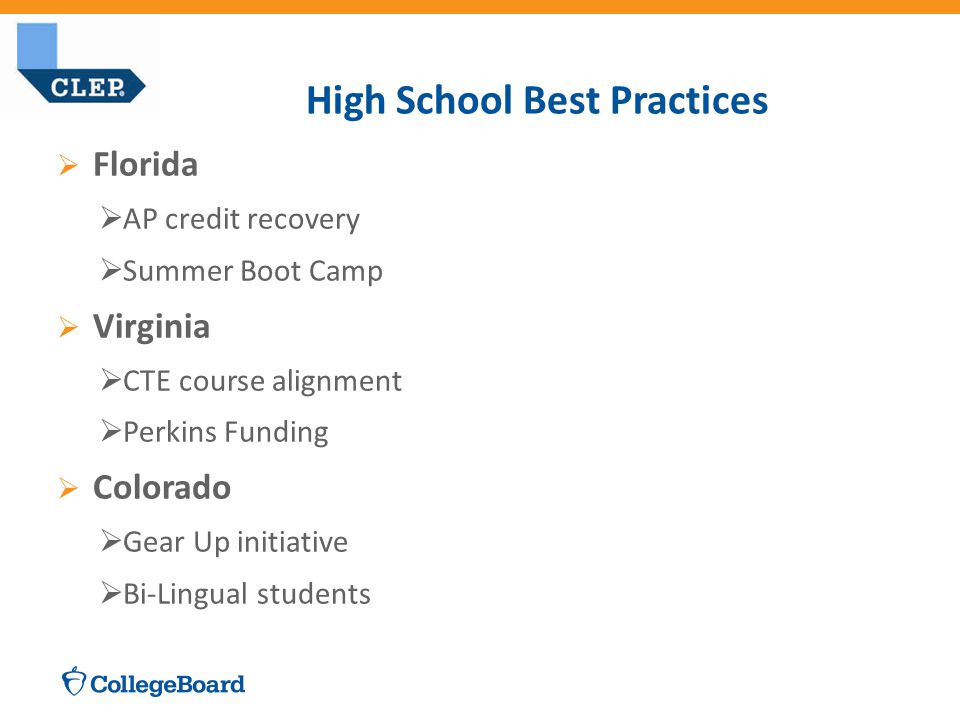  Florida  AP credit recovery  Summer Boot Camp  Virginia  CTE course alignment  Perkins Funding  Colorado  Gear Up initiative  Bi-Lingual students High School Best Practices