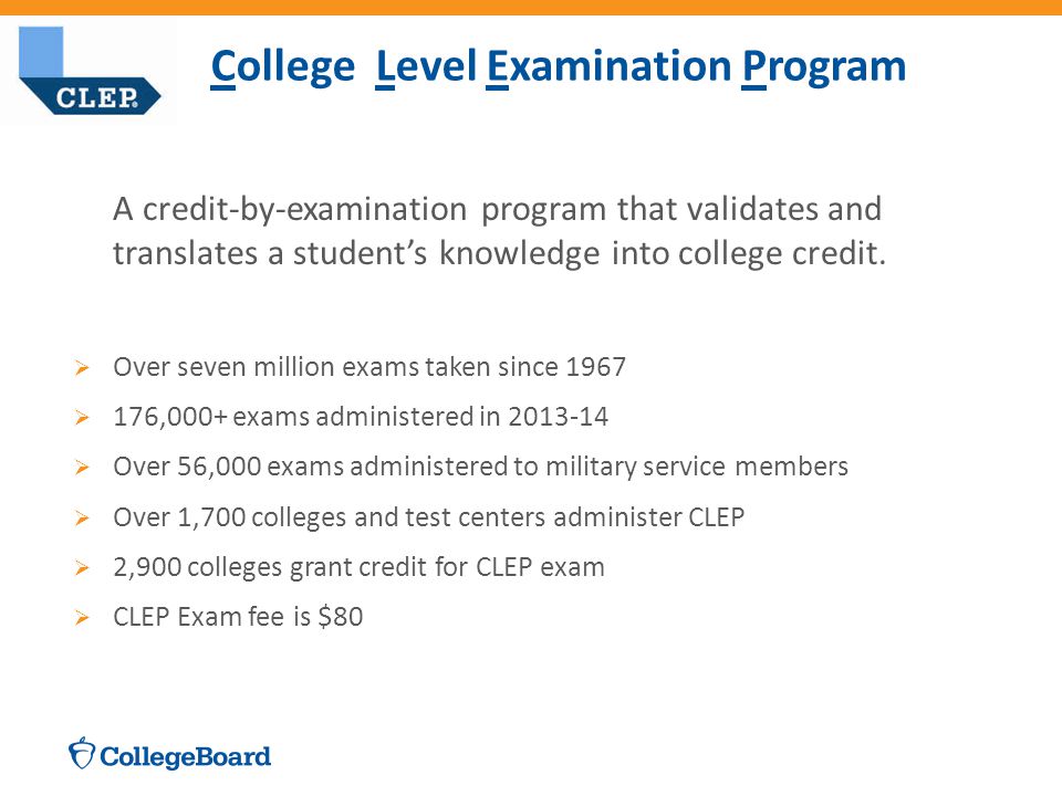 College Level Examination Program A credit-by-examination program that validates and translates a student’s knowledge into college credit.