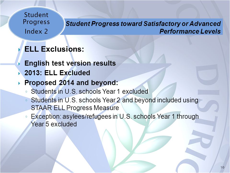 10  ELL Exclusions:  English test version results  2013: ELL Excluded  Proposed 2014 and beyond: ◦ Students in U.S.