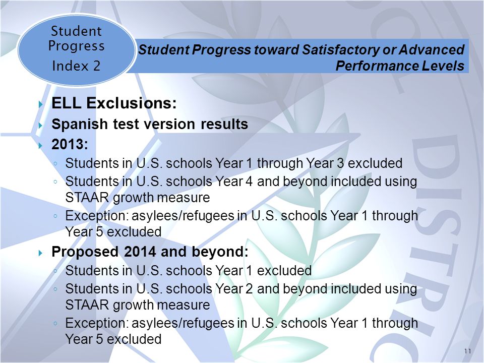 11  ELL Exclusions:  Spanish test version results  2013: ◦ Students in U.S.