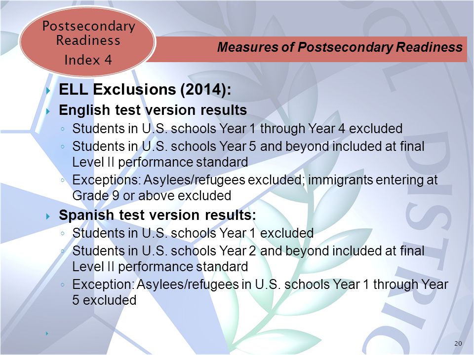 20  ELL Exclusions (2014):  English test version results ◦ Students in U.S.