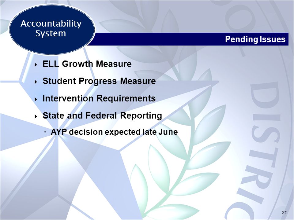 27  ELL Growth Measure  Student Progress Measure  Intervention Requirements  State and Federal Reporting ◦ AYP decision expected late June Pending Issues Accountability System