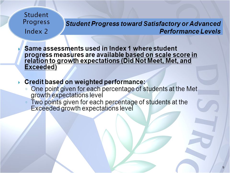 9  Same assessments used in Index 1 where student progress measures are available based on scale score in relation to growth expectations (Did Not Meet, Met, and Exceeded)  Credit based on weighted performance: ◦ One point given for each percentage of students at the Met growth expectations level ◦ Two points given for each percentage of students at the Exceeded growth expectations level Student Progress Index 2