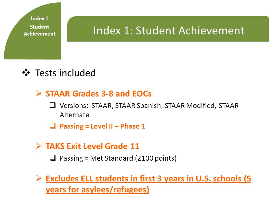 Index 1: Student Achievement  Tests included  STAAR Grades 3-8 and EOCs  Versions: STAAR, STAAR Spanish, STAAR Modified, STAAR Alternate  Passing = Level II – Phase 1  TAKS Exit Level Grade 11  Passing = Met Standard (2100 points)  Excludes ELL students in first 3 years in U.S.
