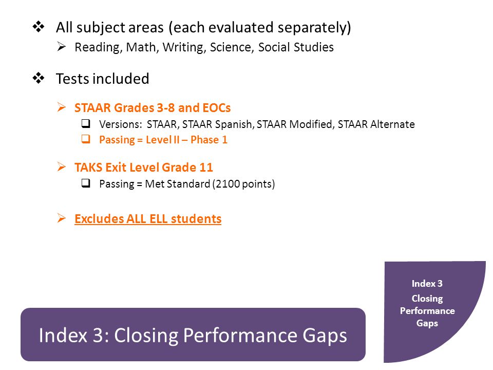 Index 3: Closing Performance Gaps  All subject areas (each evaluated separately)  Reading, Math, Writing, Science, Social Studies  Tests included  STAAR Grades 3-8 and EOCs  Versions: STAAR, STAAR Spanish, STAAR Modified, STAAR Alternate  Passing = Level II – Phase 1  TAKS Exit Level Grade 11  Passing = Met Standard (2100 points)  Excludes ALL ELL students Index 3 Closing Performance Gaps