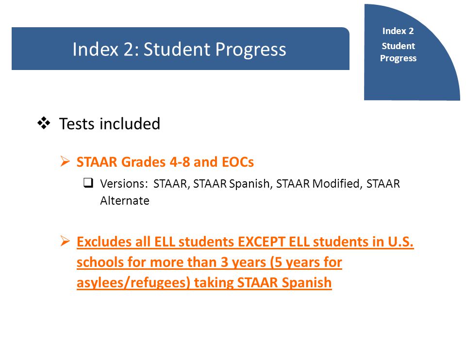  Tests included  STAAR Grades 4-8 and EOCs  Versions: STAAR, STAAR Spanish, STAAR Modified, STAAR Alternate  Excludes all ELL students EXCEPT ELL students in U.S.