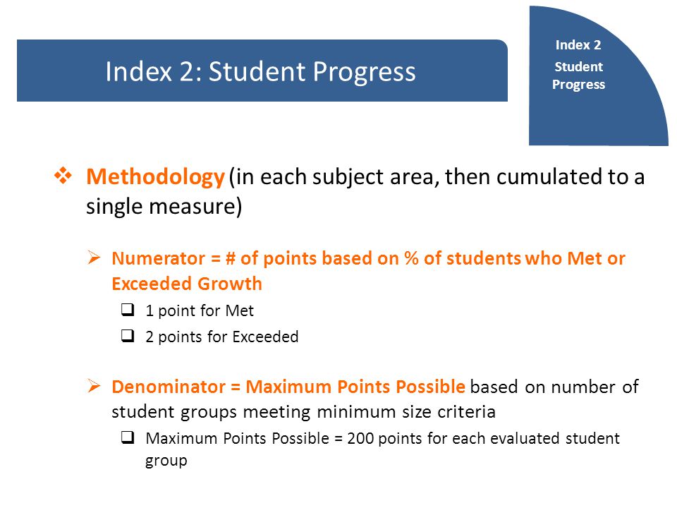  Methodology (in each subject area, then cumulated to a single measure)  Numerator = # of points based on % of students who Met or Exceeded Growth  1 point for Met  2 points for Exceeded  Denominator = Maximum Points Possible based on number of student groups meeting minimum size criteria  Maximum Points Possible = 200 points for each evaluated student group Index 2: Student Progress Index 2 Student Progress