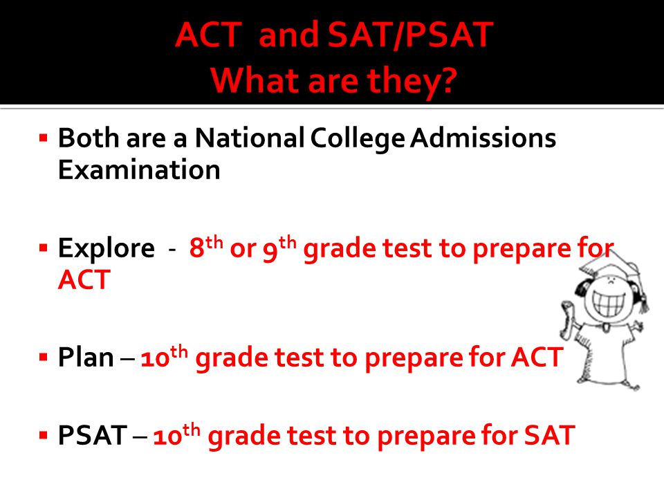  Both are a National College Admissions Examination  Explore - 8 th or 9 th grade test to prepare for ACT  Plan – 10 th grade test to prepare for ACT  PSAT – 10 th grade test to prepare for SAT