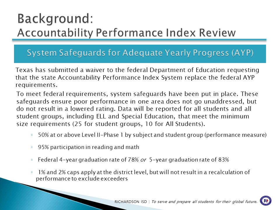 Texas has submitted a waiver to the federal Department of Education requesting that the state Accountability Performance Index System replace the federal AYP requirements.