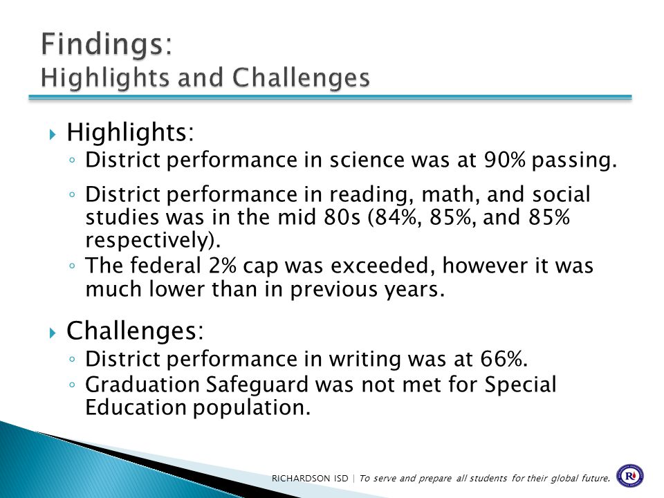  Highlights: ◦ District performance in science was at 90% passing.