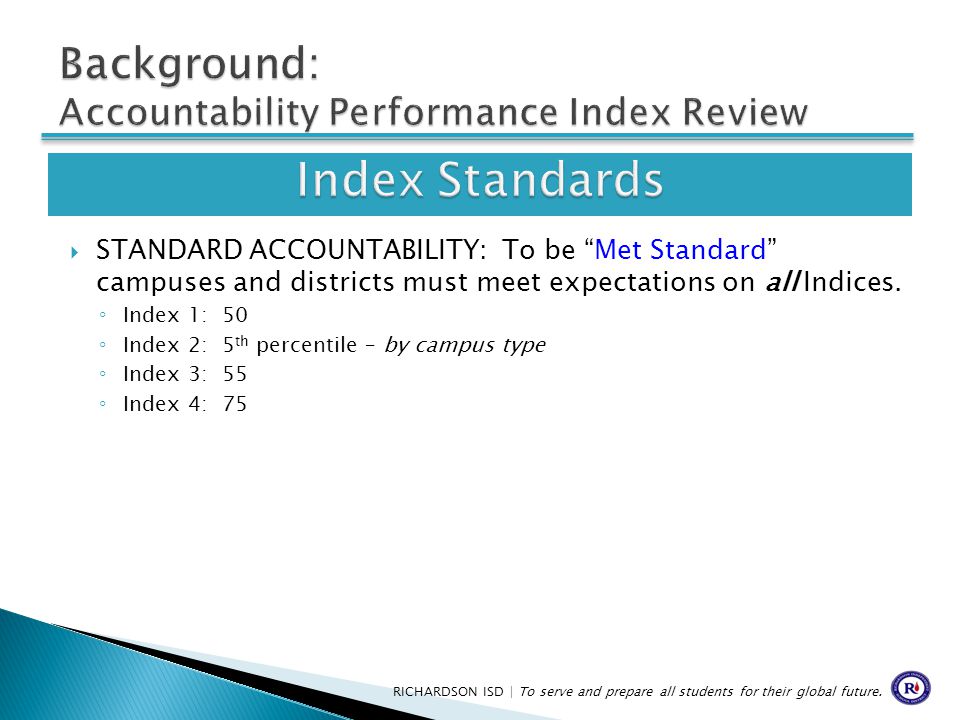  STANDARD ACCOUNTABILITY: To be Met Standard campuses and districts must meet expectations on all Indices.