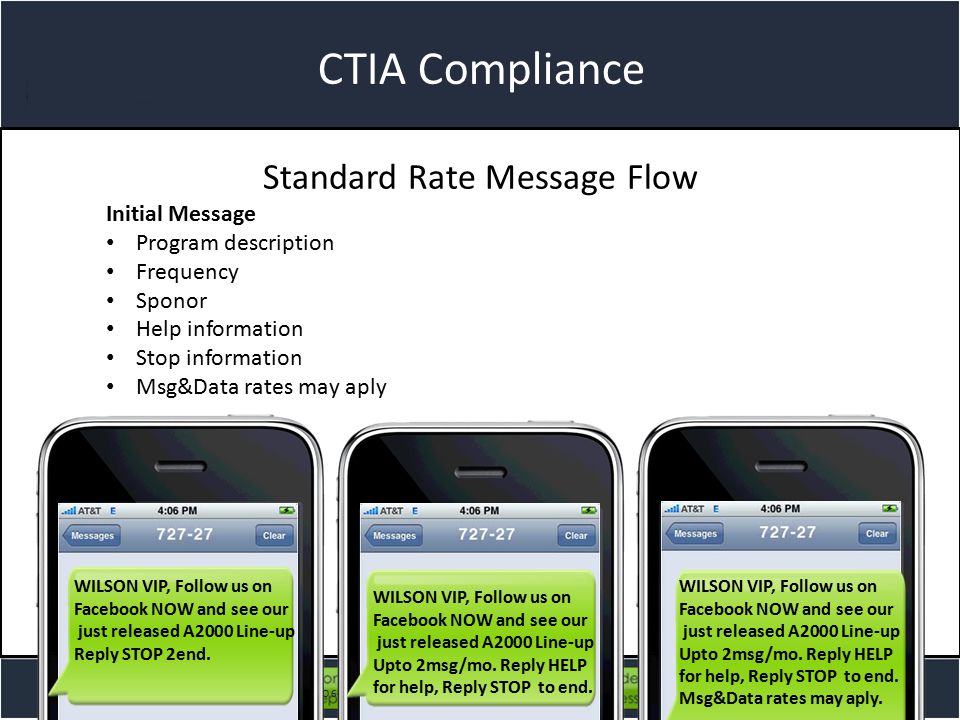 Title slide CTIA Compliance Standard Rate Message Flow Initial Message Program description Frequency Sponor Help information Stop information Msg&Data rates may aply AdvaTEXT LLC., 1400A South 7 Hwy, Blue Springs, MO Tel: +1 (816) |   WILSON VIP, Follow us on Facebook NOW and see our just released A2000 Line-up Reply STOP 2end.