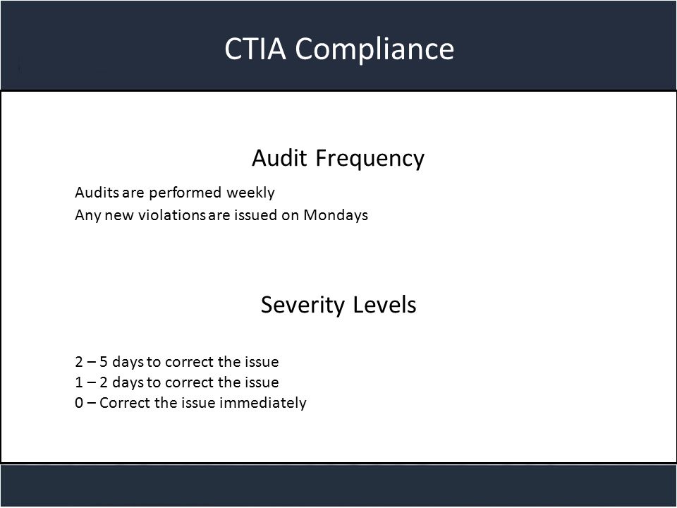 Title slide CTIA Compliance Audit Frequency Audits are performed weekly Any new violations are issued on Mondays Severity Levels 2 – 5 days to correct the issue 1 – 2 days to correct the issue 0 – Correct the issue immediately