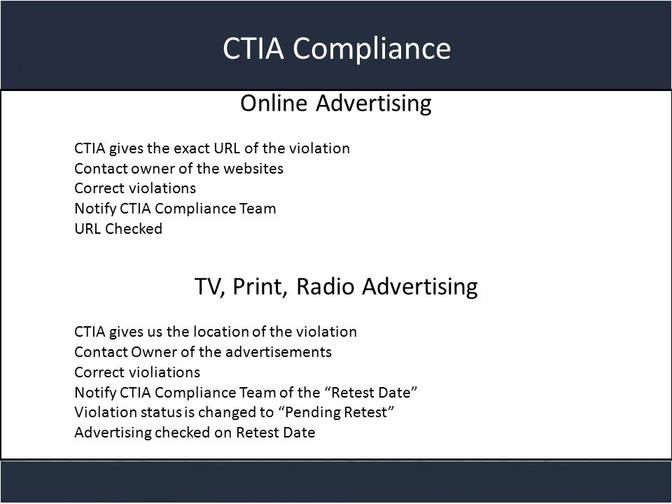 Title slide CTIA Compliance Online Advertising CTIA gives the exact URL of the violation Contact owner of the websites Correct violations Notify CTIA Compliance Team URL Checked TV, Print, Radio Advertising CTIA gives us the location of the violation Contact Owner of the advertisements Correct violiations Notify CTIA Compliance Team of the Retest Date Violation status is changed to Pending Retest Advertising checked on Retest Date