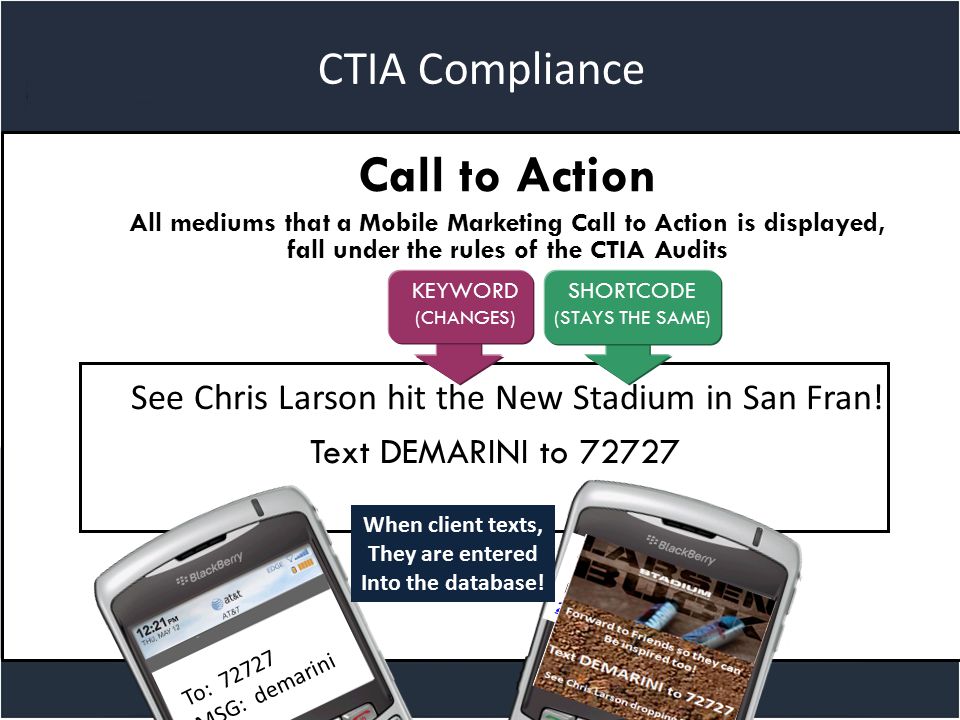 Title slide CTIA Compliance Call to Action All mediums that a Mobile Marketing Call to Action is displayed, fall under the rules of the CTIA Audits See Chris Larson hit the New Stadium in San Fran.