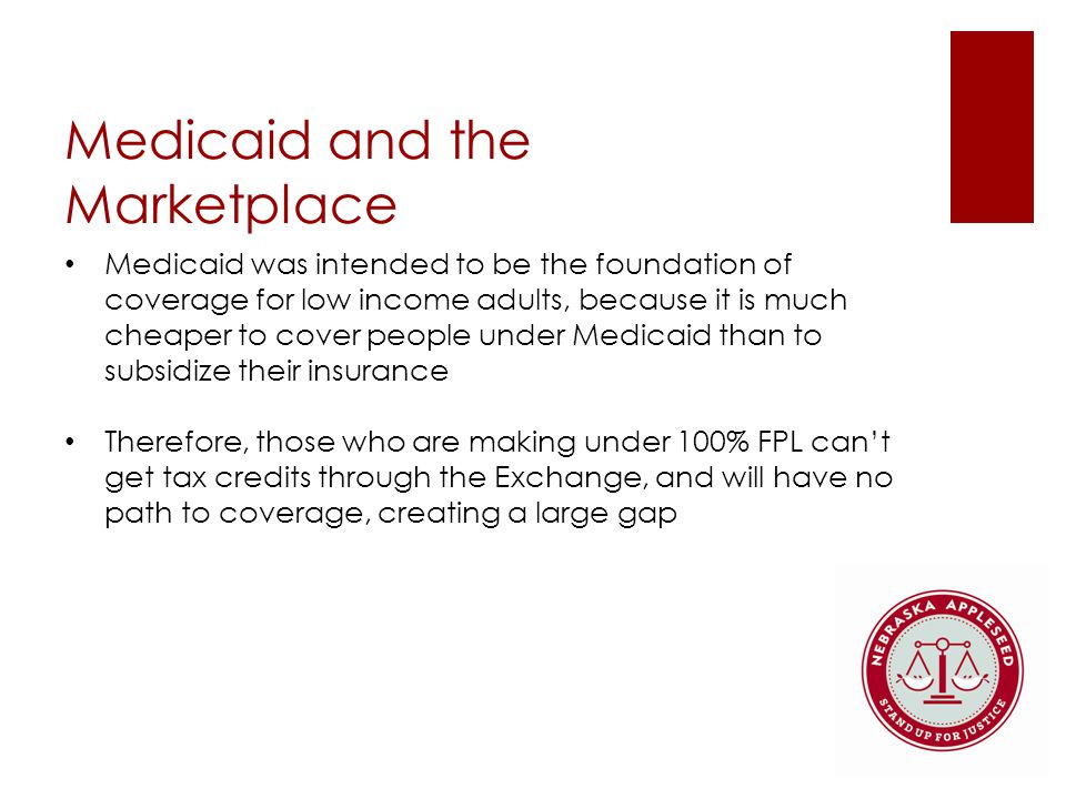 Medicaid and the Marketplace Medicaid was intended to be the foundation of coverage for low income adults, because it is much cheaper to cover people under Medicaid than to subsidize their insurance Therefore, those who are making under 100% FPL can’t get tax credits through the Exchange, and will have no path to coverage, creating a large gap