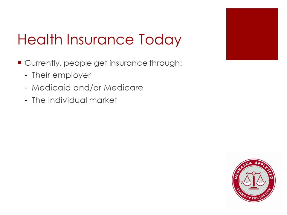 Health Insurance Today  Currently, people get insurance through: -Their employer -Medicaid and/or Medicare -The individual market
