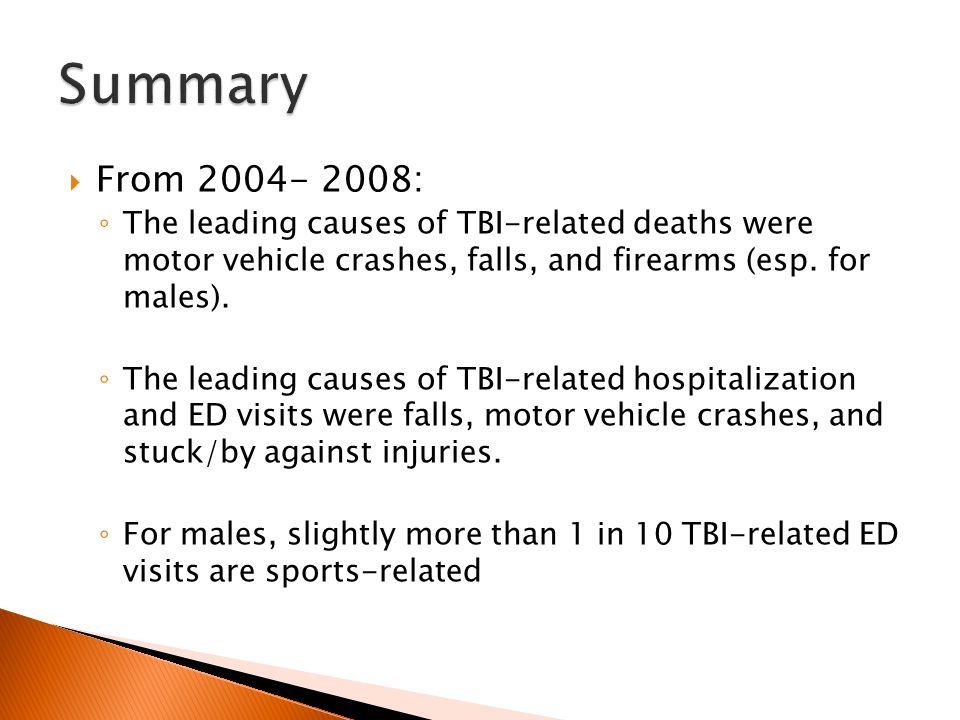  From : ◦ The leading causes of TBI-related deaths were motor vehicle crashes, falls, and firearms (esp.