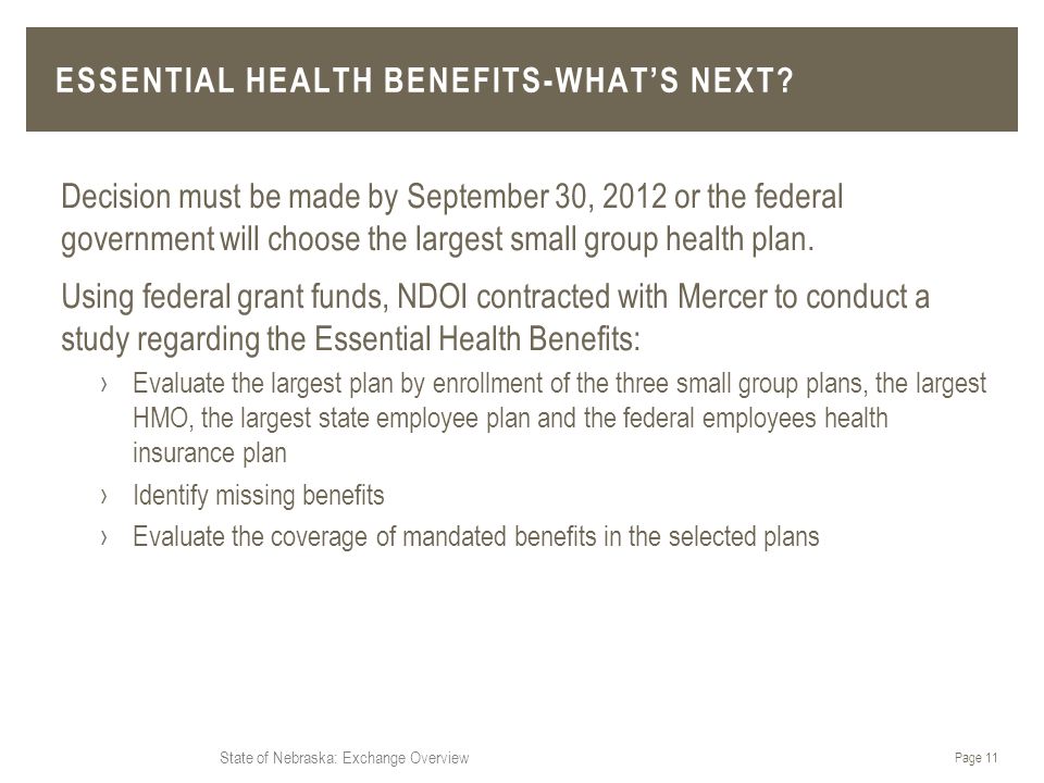 State of Nebraska: Exchange Overview Decision must be made by September 30, 2012 or the federal government will choose the largest small group health plan.