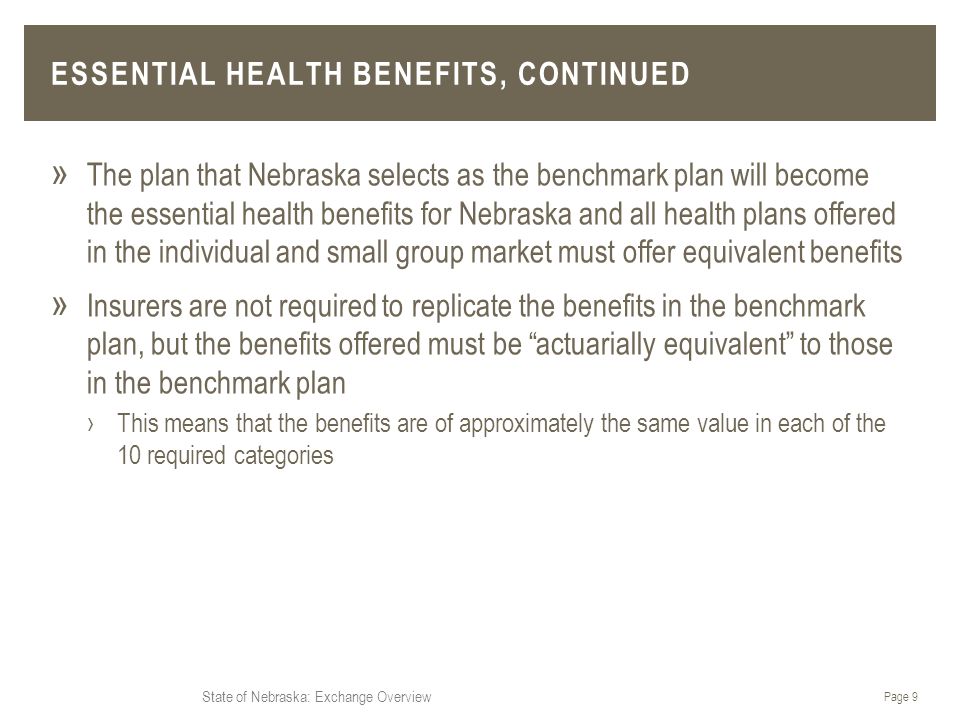 State of Nebraska: Exchange Overview ESSENTIAL HEALTH BENEFITS, CONTINUED » The plan that Nebraska selects as the benchmark plan will become the essential health benefits for Nebraska and all health plans offered in the individual and small group market must offer equivalent benefits » Insurers are not required to replicate the benefits in the benchmark plan, but the benefits offered must be actuarially equivalent to those in the benchmark plan ›This means that the benefits are of approximately the same value in each of the 10 required categories Page 9