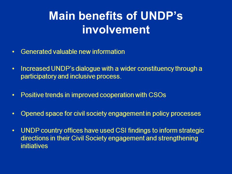 Main benefits of UNDP’s involvement Generated valuable new information Increased UNDP’s dialogue with a wider constituency through a participatory and inclusive process.