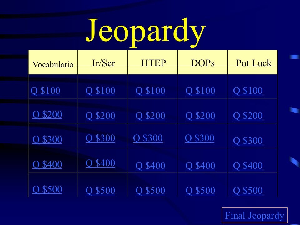 Jeopardy Hosted By: Señora King