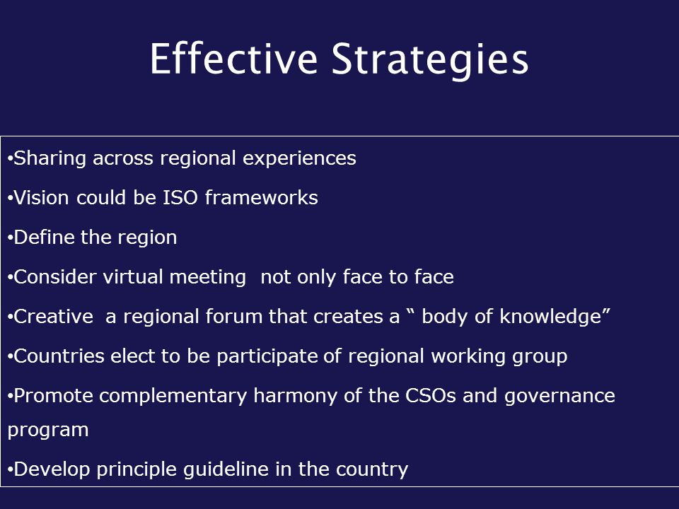 Effective Strategies Sharing across regional experiences Vision could be ISO frameworks Define the region Consider virtual meeting not only face to face Creative a regional forum that creates a body of knowledge Countries elect to be participate of regional working group Promote complementary harmony of the CSOs and governance program Develop principle guideline in the country