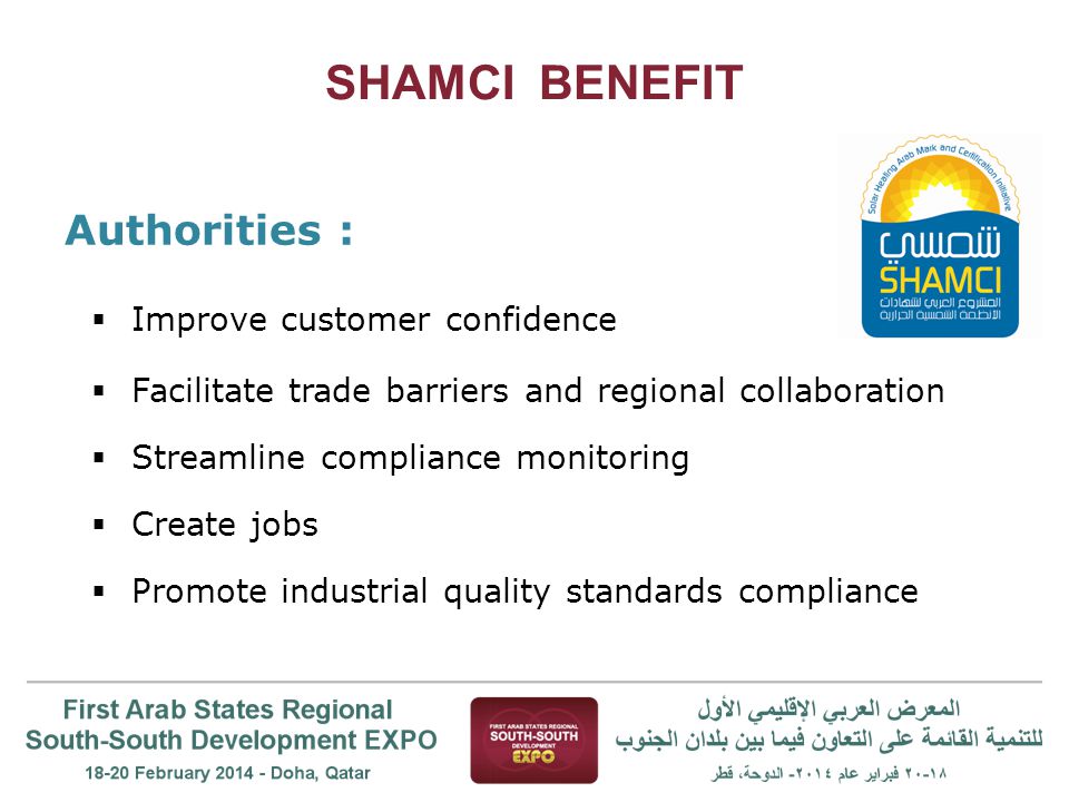 SHAMCI BENEFIT Authorities :  Improve customer confidence  Facilitate trade barriers and regional collaboration  Streamline compliance monitoring  Create jobs  Promote industrial quality standards compliance